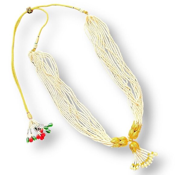 Indian Jewelry Lariat Tassel Necklace with Faux Mini Pearls accented with Leaf D - Picture 1 of 8